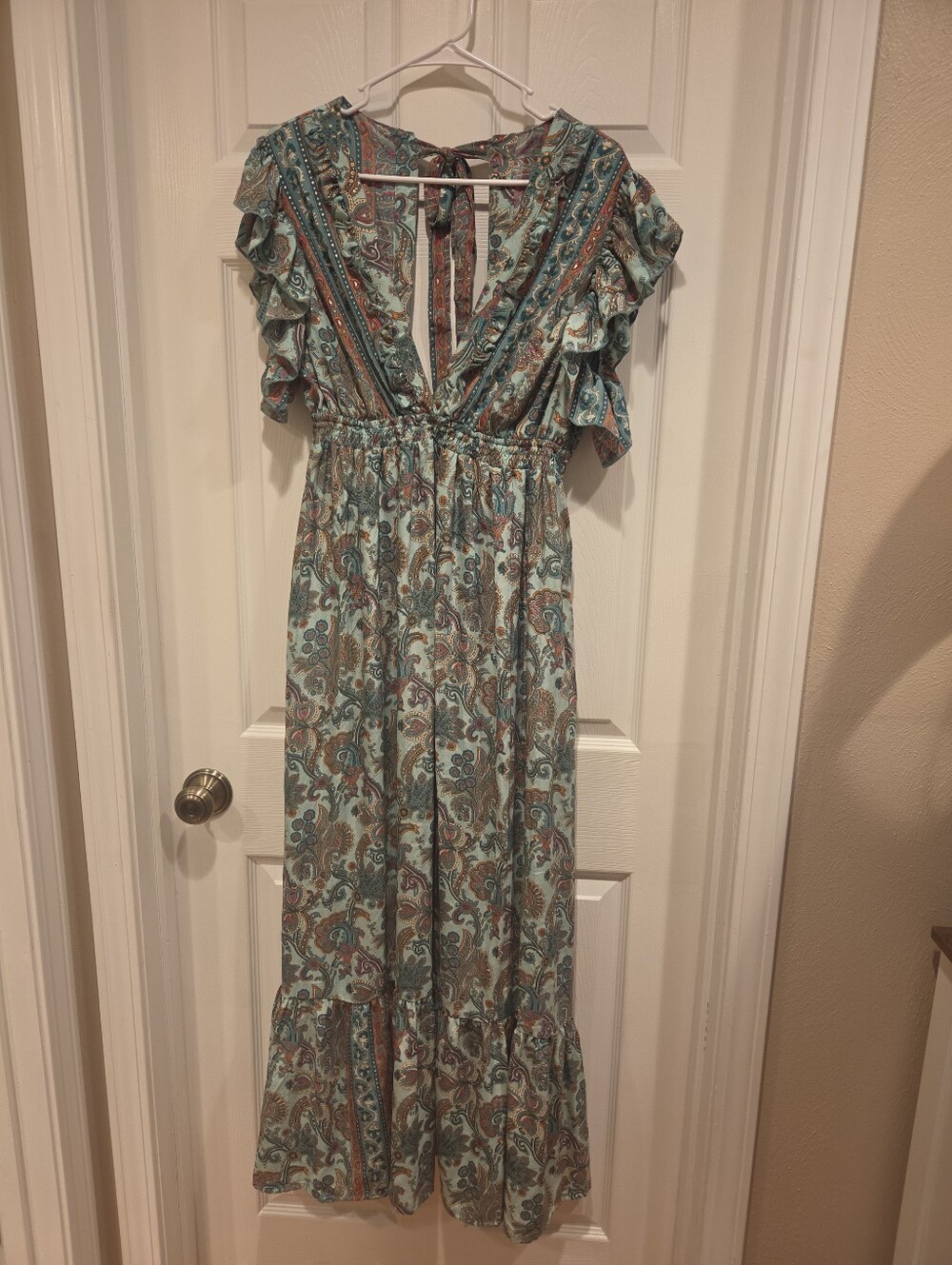 Boho Paisley Ruffle Maxi Dress in Teal and Brown